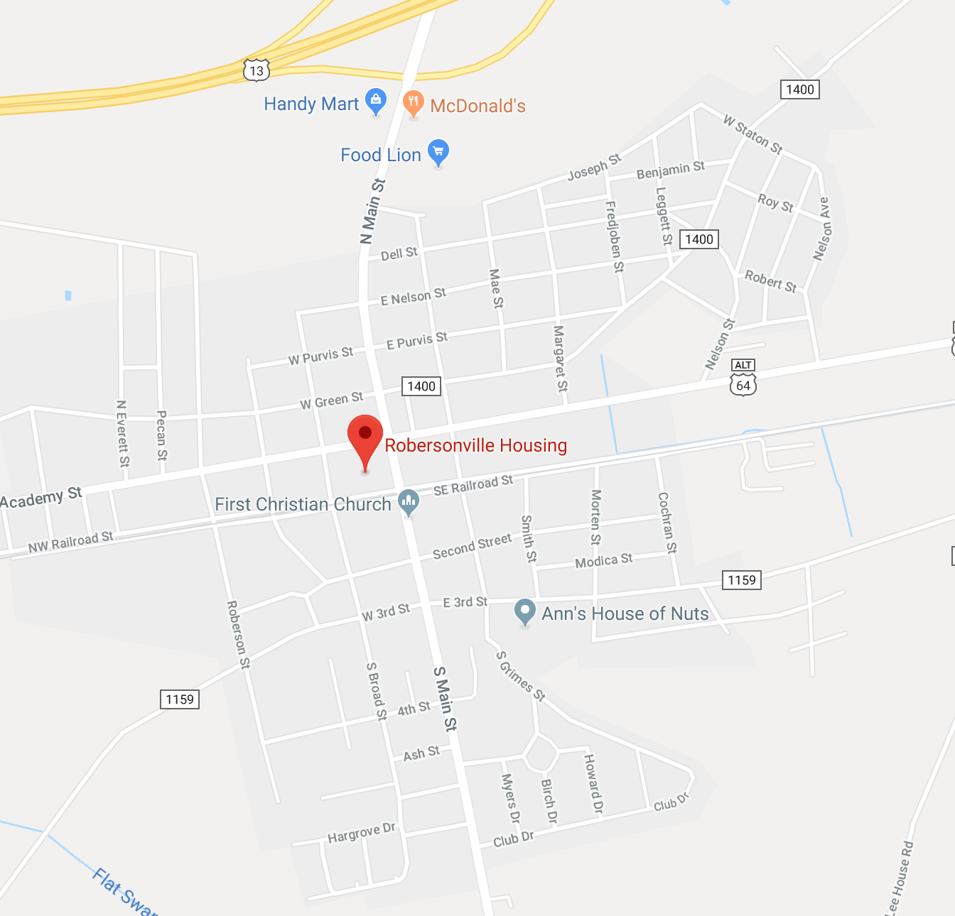 Map of Robersonville showing the Housing Authority on NW Railroad Street