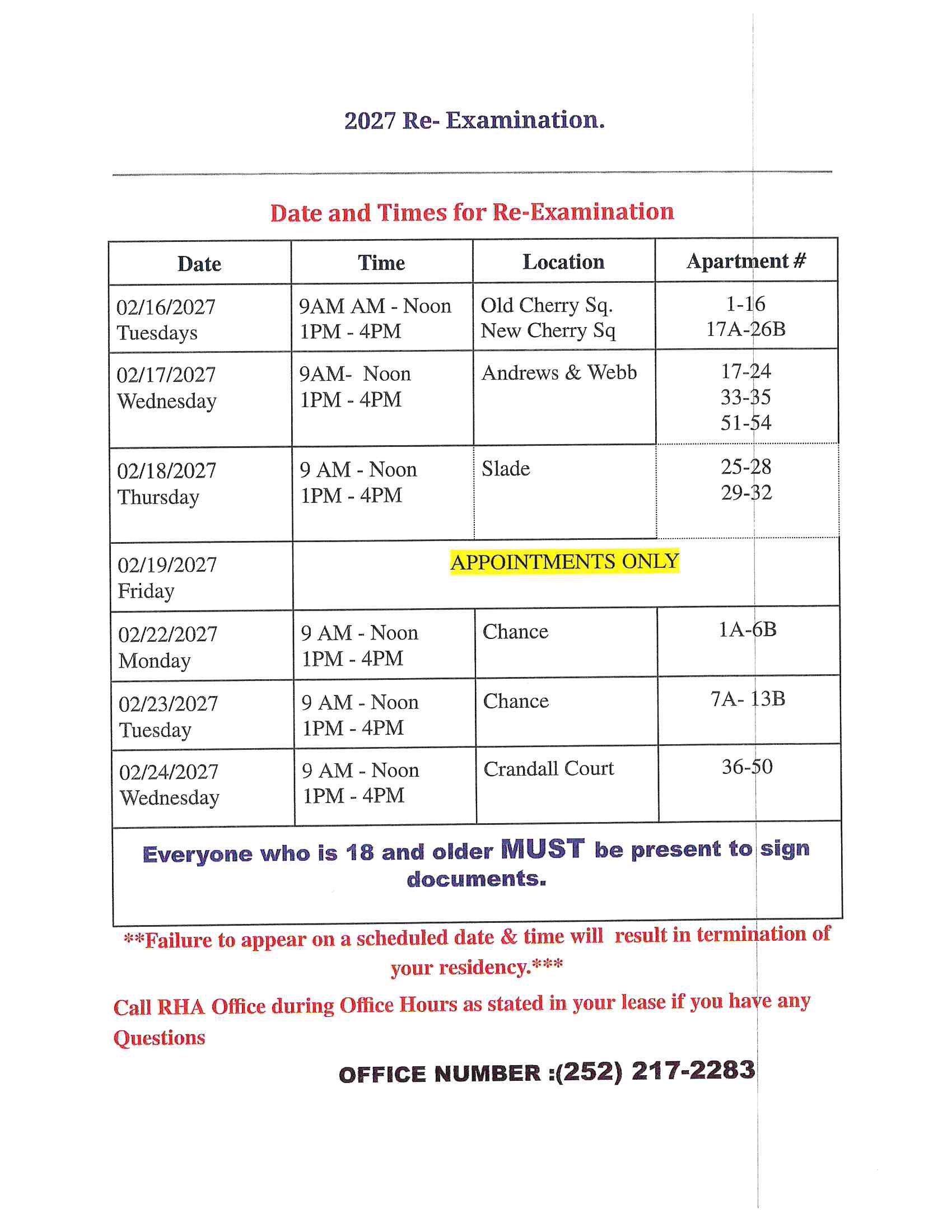 2027 Re-Examination checklist and schedule